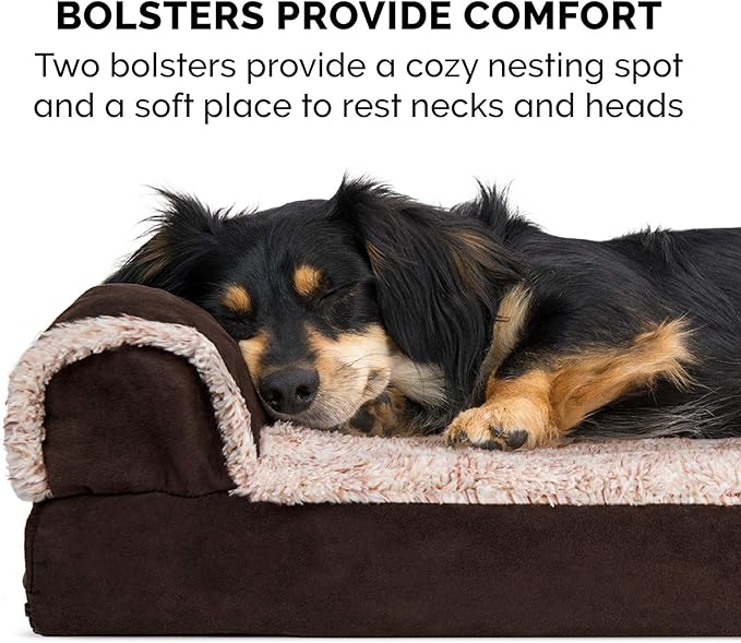 Furhaven Cooling Gel Dog Bed for Large/Medium Dogs w/ Removable Bolsters & Washable Cover, For Dogs Up to 55 lbs - Two-Tone Plush Faux Fur & Suede L Shaped Chaise - Espresso, Large-PurrikoPets