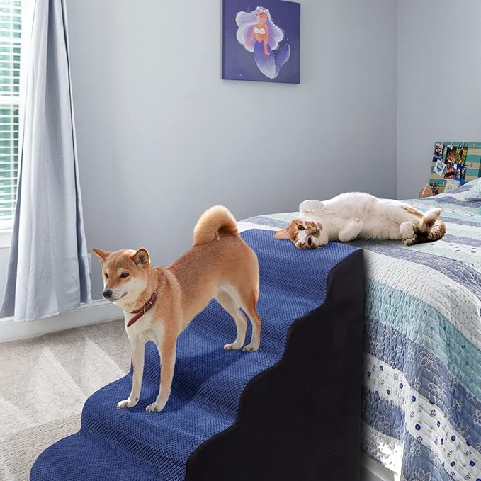 Dog Stairs&Steps for High Beds Up to 28'', 5-Step Dog Ramp for Small Medium Dogs with Washable Cover, Pet Steps for Cats to Get on Couch and Sofa, Durable Foam Ladders, 24.4" Tall, Blue-PurrikoPets
