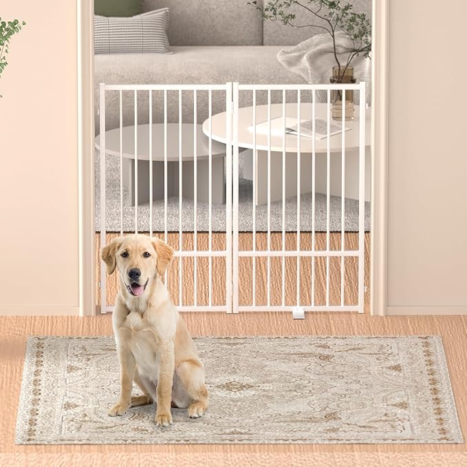 Full Metal Freestanding Dog Gate with Door, 36''Height Foldable Pet Dog Fence for Indoor & Outdoor, 2 Panels Extra Wide Free Standing TallDog Gates for Doorways,House,Stairs,Porch,Deck,Yard-PurrikoPets