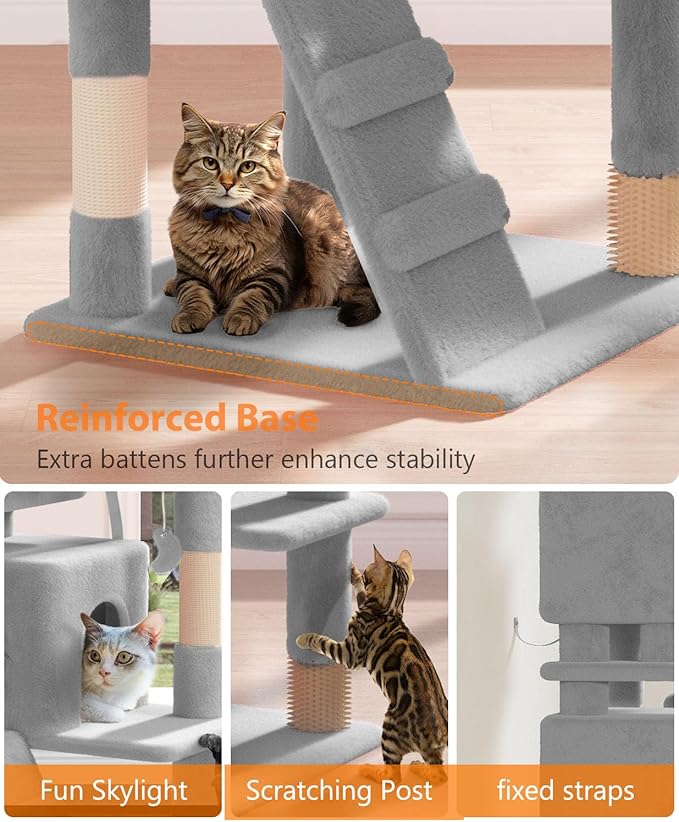 54" Cat Tree Tower for Indoor Cats Large Adult,Cute/Tall Modern Cat Tree for Big Cats 20 lbs, Plush Multi-Level Cat Condo with Scratching Posts, Dangling Ball for Fun (Light Gray, 54 inch)-PurrikoPets