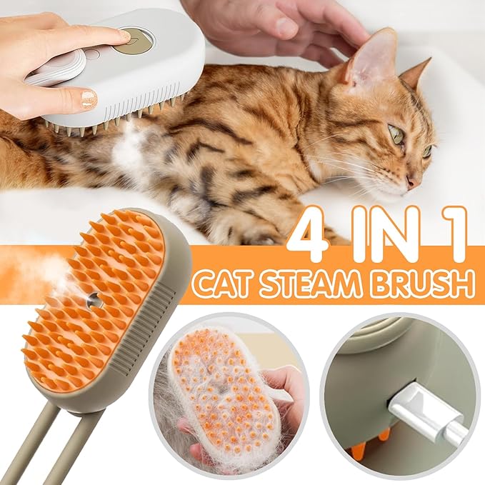 4 in 1 Cat Steam Brush for Shedding, Rechargeable Steam Cat Brush With Rotating Handle, for Massaging and Cleaning Shedding Pet Hair, for Cats Dogs (White)-PurrikoPets
