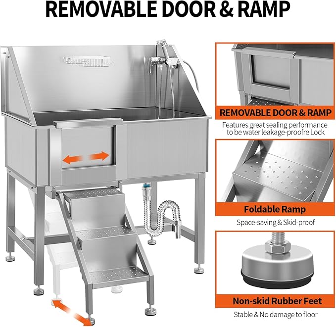 38 Inch Dog Bathing Station for Large Dogs, Stainless Steel Dog Pet Washing Station, Professional Dog Grooming Tub, Pet Wash Bath Station,Left Door-PurrikoPets