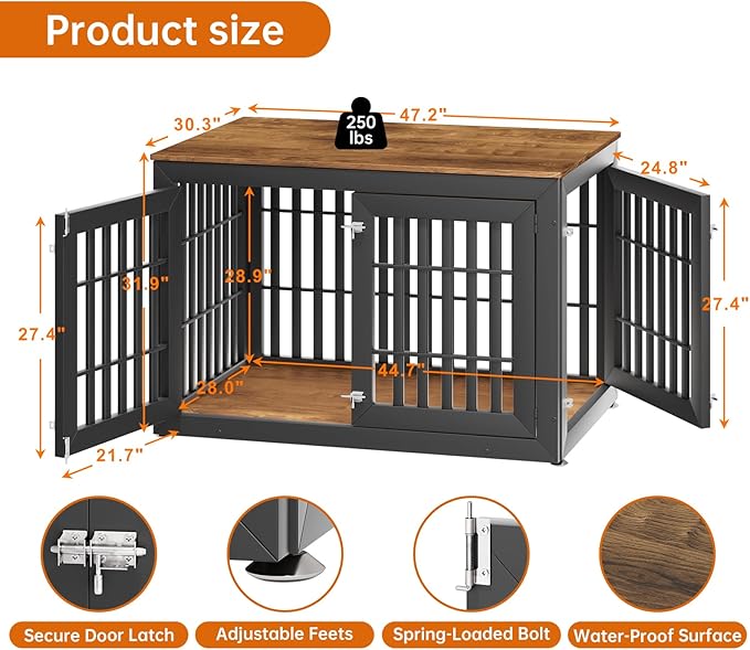 48" Heavy Duty Dog Crate Furniture for Small,Medium and Large Dogs,Rustic Wooden Dog Cage Kennel Indoor Furniture with Waterproof Top,Decorative Pet House Side End Table (Black & Wood)-PurrikoPets