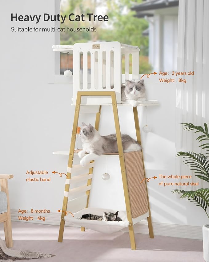 FourFurPets Modern Cat Tree, 58-Inch Cat Tower for Large Cats, Maine Coon Cat Tree with Scratching Board, Large Perch, Hammock and Removable Pads, White-PurrikoPets