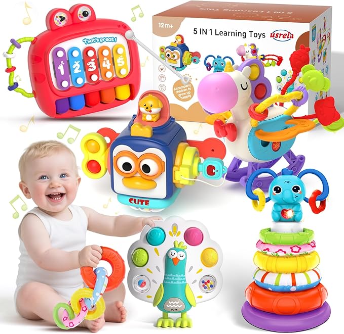 5 in 1 Baby Toy for 12 18 Month, Learning Toys for Babies 12-18 Months, Baby Busy Cube, Stacking&Sensory, Pull String&Piano Xylophone Toy, Birthday Gift for 12+ Month-PurrikoPets