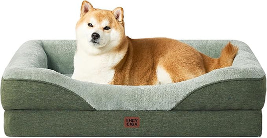 EHEYCIGA Memory Foam Dog Bed for Large Sized, Orthopedic Dog Sofa with Sides and Waterproof Liner, Washable Bolster Pet Couch with Removable Cover, 36x27x7 Inch, Green-PurrikoPets