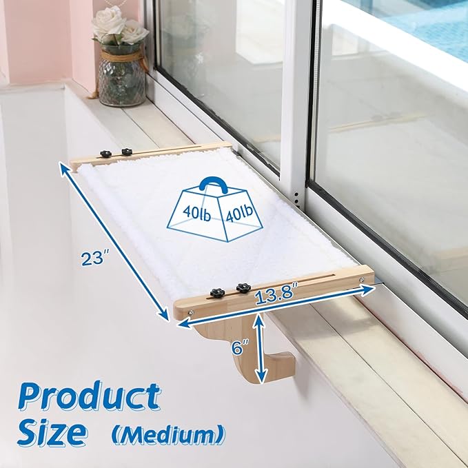 Easy Seat Cat Perch for Window Sill - Hammock Design w/Pine Wood & Robust Metal Frame - Cat Window Seat for Large Cats and Kittens (Natural Color Wood w/White Bed, Medium (23''W x 14''D))-PurrikoPets