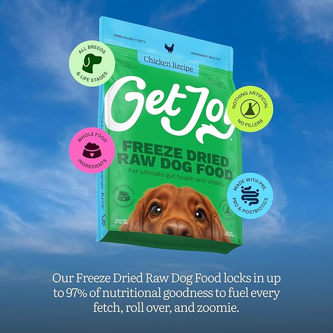 Get Joy Gut Health Fresh Freeze Dried Raw Meal, Chicken Recipe, 16 Ounce Bag, Dog Food for Dogs of All Breeds and Life Stages, PhD Animal Nutritionist Formulated, Made in USA-PurrikoPets