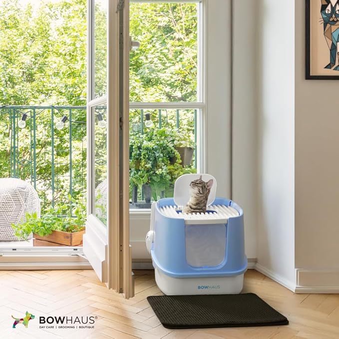 Fully Enclosed Cat Litter Box w/Lid, Scoop, Cat Mat & Odor Fitter, Large Plastic Cat Toilet with Double Door, Anti-Splashing Cat Litter Box with Lockable Front Door, Blue-PurrikoPets