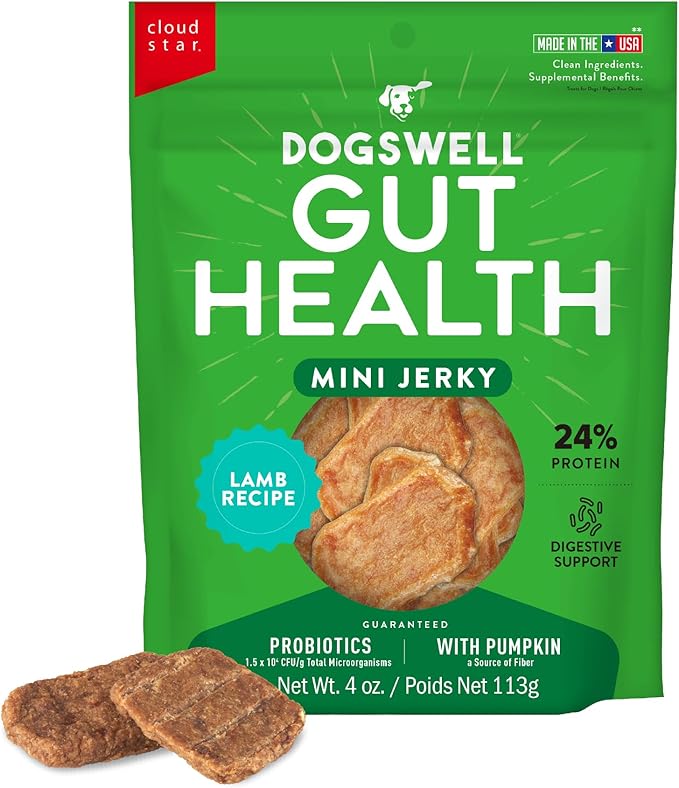 DOGSWELL Gut Health Mini Jerky Functional Dog Treats, Lamb 4 oz. Bag-PurrikoPets