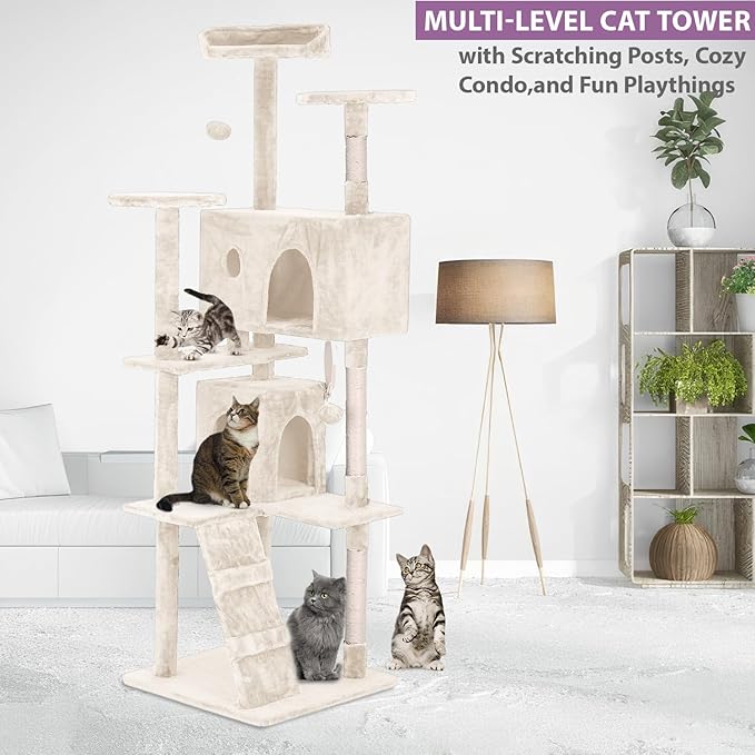 70 Inches Cat Tower for Indoor Cats Multi-Level Cat Condos XL Cat Tree Climbing Tower with Scratching Posts, Hanging Toys, Beige-PurrikoPets