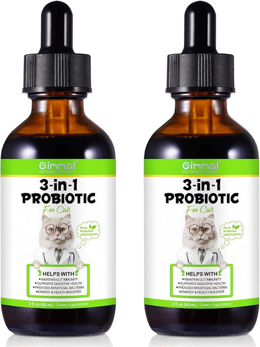 3-in-1 Probiotics for Cats(Pack of 2) with Digestive Enzymes & Prebiotics – Supports Gut Health, Immune System & Diarrhea Relief – 2 x 60ml for Cats of All Ages-PurrikoPets