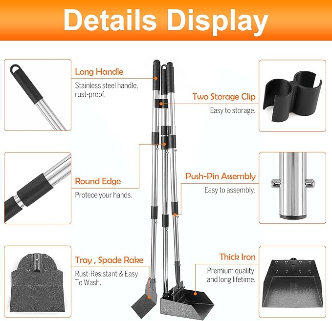 Dog Pooper Scooper, Adjustable Handle Poop Scooper with Tray,Rake and Spade Set of 3, Steel Stainless Poop Scoop for Small Medium Dogs and Pet Waste on Grass, Dirt and Gravel (Medium Size)-PurrikoPets