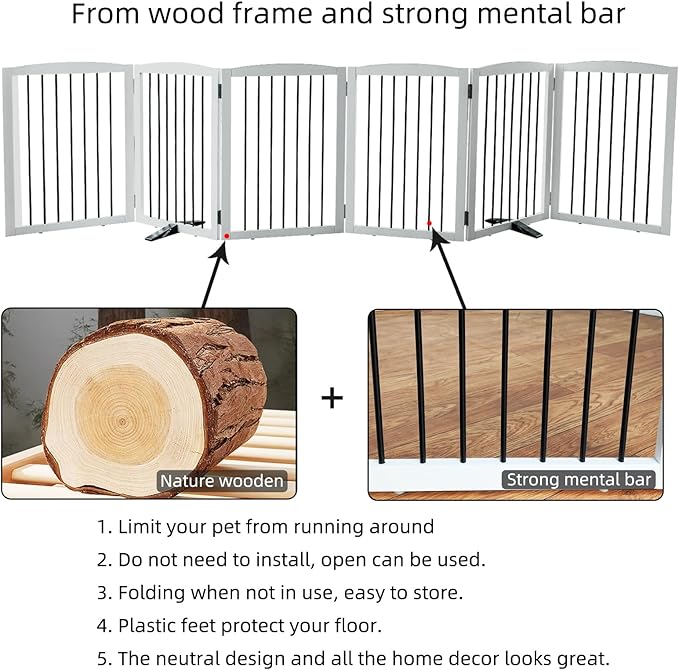 Freestanding Panel Dog Gate for Indoor Doorways, Stairs, or Hallways, Foldable Wooden Pet Gate, Support Feet Included, 24" Height-6 Panels, White-PurrikoPets