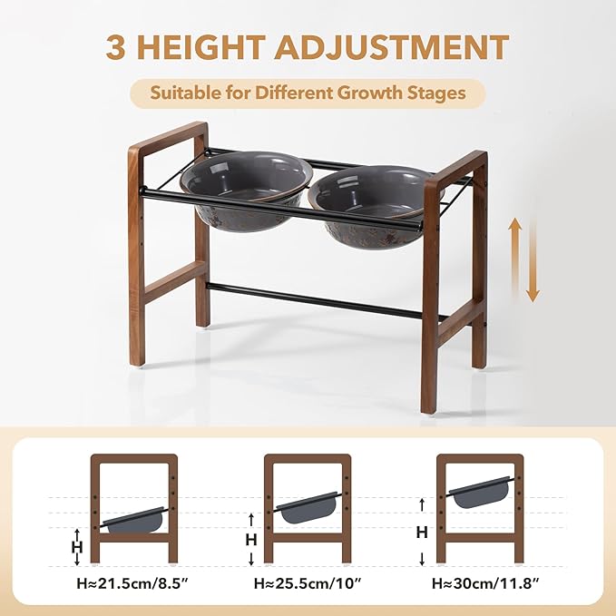 8.7inch Ceramic Adjustable Raised Double Bowls Set with Stand, 3 Heights Elevated, 2 Placement Options,Food and Water Dishes for Large Dog(Double Bowls+Stand, Reactived Glaze -Grey)-PurrikoPets