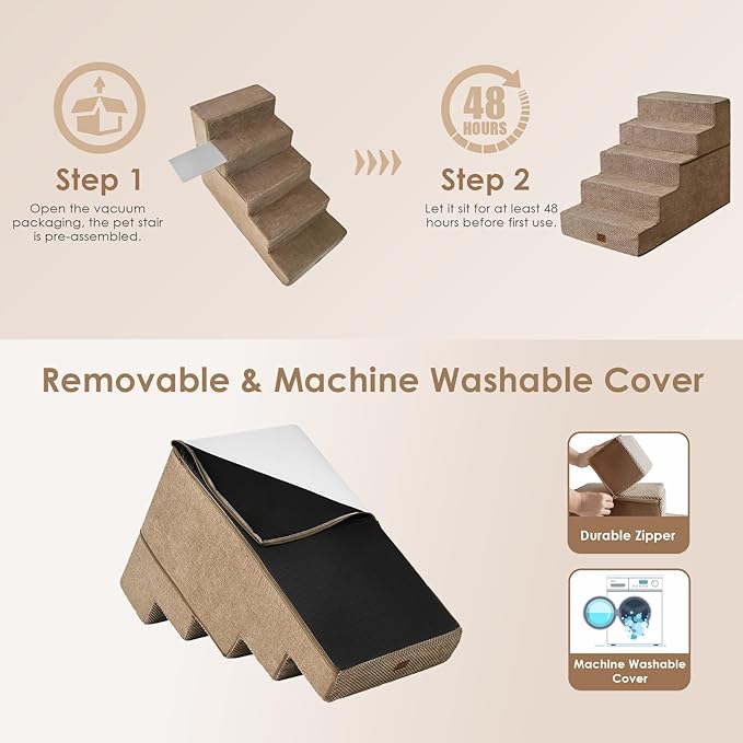 EHEYCIGA Dog Stairs for High Bed 25" H, 5-Step Extra Wide Dog Steps for Bed, Pet Steps for Small Dogs and Cats, Non-Slip Balanced Pet Ramp Indoor, Camel-PurrikoPets