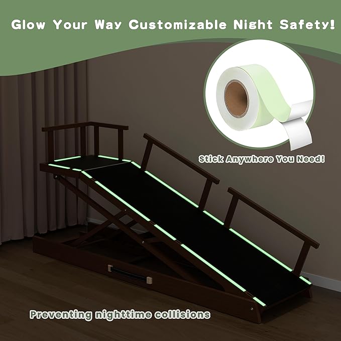 6 Level Height Adjustable Dog Ramp for Bed, Couch 65" Foldable Pet Ramp with Non-Slip Mat，DIY Glow Strips & Rest Platform Heavy Duty Dog Stairs for Large Dogs up to 200Lbs ，Brown-PurrikoPets