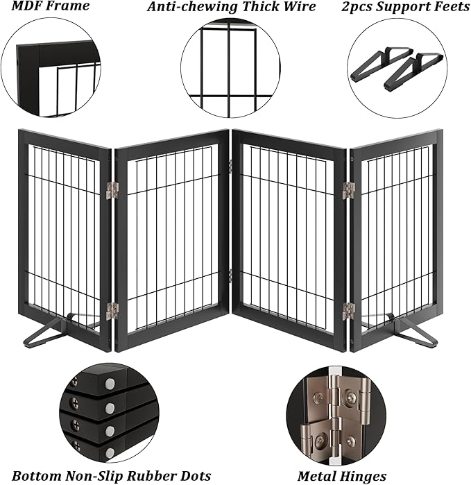 Dog Gate Wire Dog Gates for House Doorways Stairs 24-Inch Freestanding Pet Gate Puppy Fences Indoor (4 Panel, Black)-PurrikoPets