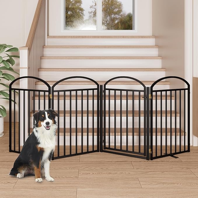 4 Panles Full Matel Freestanding Dog Gates with Door, 96"Extra Wide 32"Tall Free Standing Dog Pet Gate for Indoor & Outdoor. Foldable Pet Fences for Doorways, House, Stairs, Porch, Deck, Yard-PurrikoPets