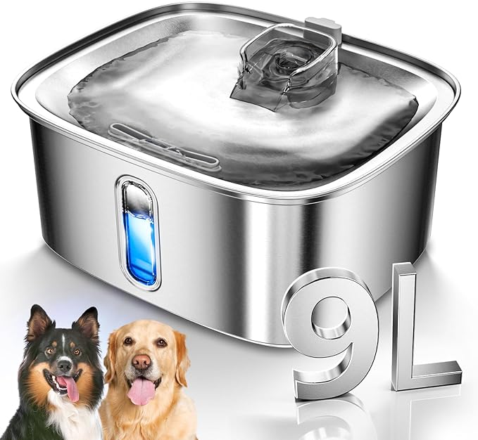 Dog Water Fountain for Large Dogs, 9L/2.4Gal Stainless Steel Dog Fountain with Water Level Window & Filtration, Automatic Pet Water Bowl Dispenser Indoor, Super Quiet for Multi-Pet-PurrikoPets
