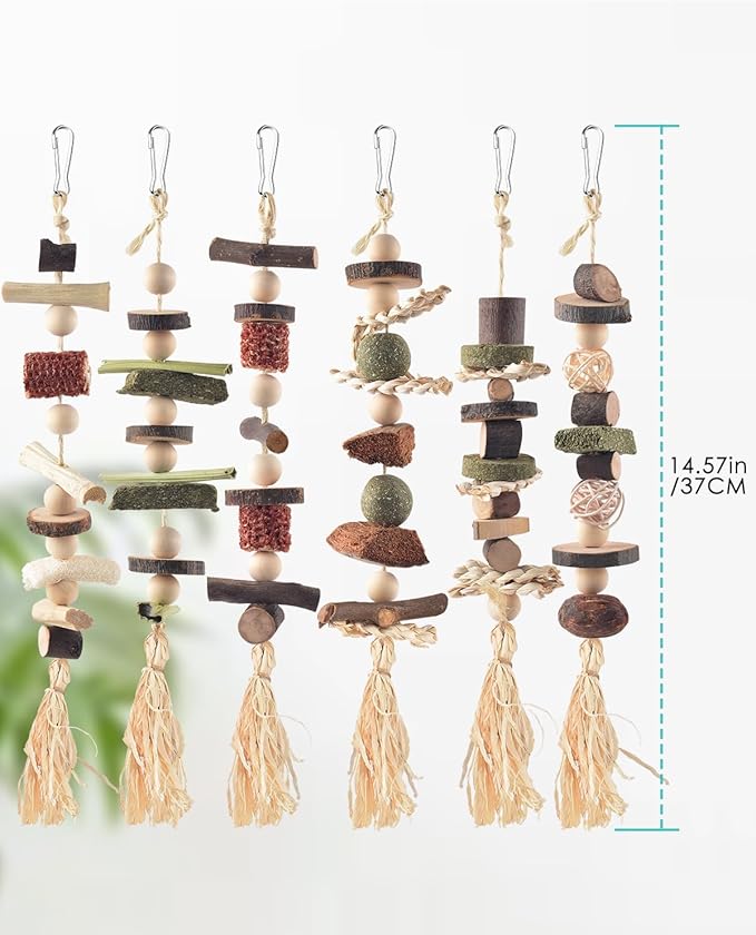 6PCS Bunny Chew Toys, Hamster Rabbit Cage Hanging Chew Toys, Natural Apple Wood Bunnies Treats, Improve Small Animal Teeth Health for Guinea Pig Chinchilla Ferret Rats Gerbil-PurrikoPets