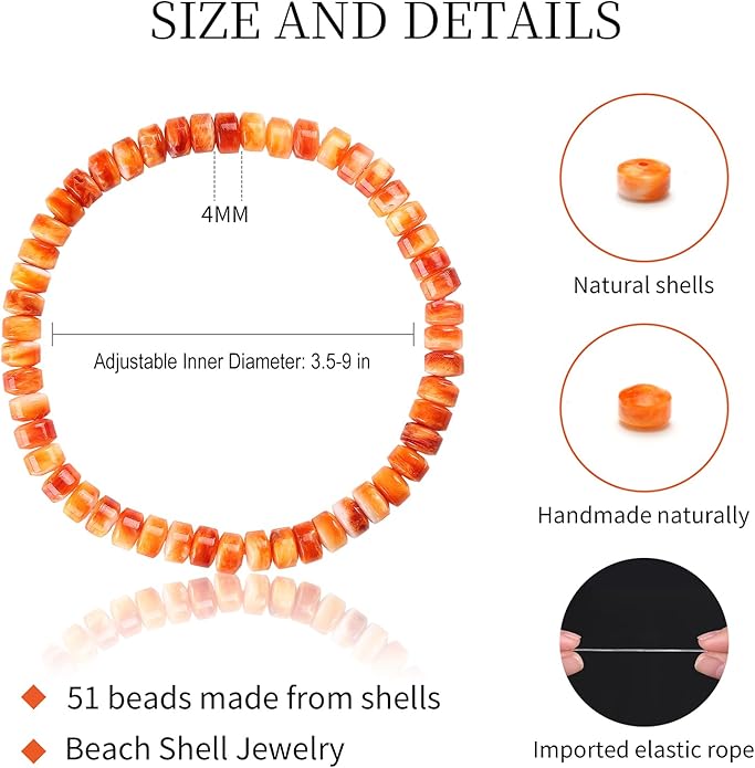 Puka Shell Bracelet Boho Adjustable Orange Beaded Surfer Anklet Handmade Natural Shell Jewelry Unisex Men Women Everyday Versatile Hawaiian Style