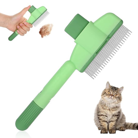 Flea Comb for Cats Dogs Brush for Shedding with Release Button Fine Tooth Pet Hair Removal Comb with Long & Short Stainless Steel Teeth for Deshedding Self-Cleaning Brush for Cat Dog Small Pets-PurrikoPets