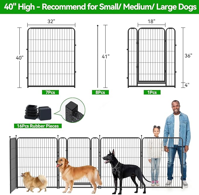 Dog Playpen Outdoor Extra Wide 16 Panels Heavy Duty Dog Fence 40" Height Anti-Rust with Doors Portable for RV Camping Yard, Total 42FT, 140 Sq.ft, Snowy Black-PurrikoPets