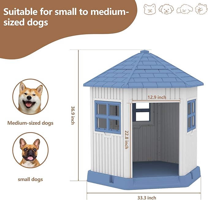 DRATO Dog House Indoor Outdoor Durable Large Dog Shelter with Outside Dog Kennel with Window and Elevated Floor for Small Medium Dogs (Blue, 34.8 * 30.51 * 36.89)-PurrikoPets