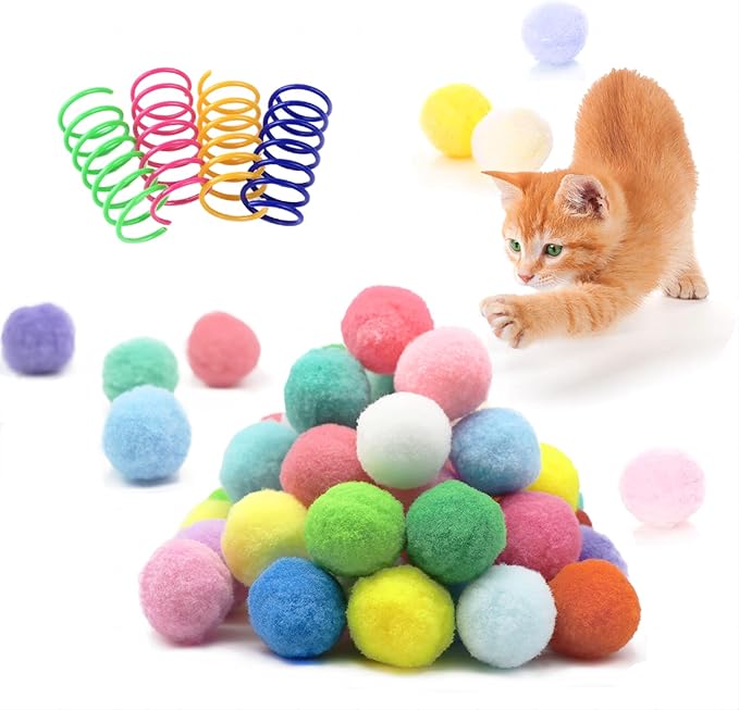 30 Pcs Premium Silent Cat Pom Pom Balls, Interactive Lightweight Assorted Colors Fuzzy Toy Balls (1.2 inches), with 4 Pcs Cat Spring Toy for Indoor Kitten Playing Exercising-PurrikoPets