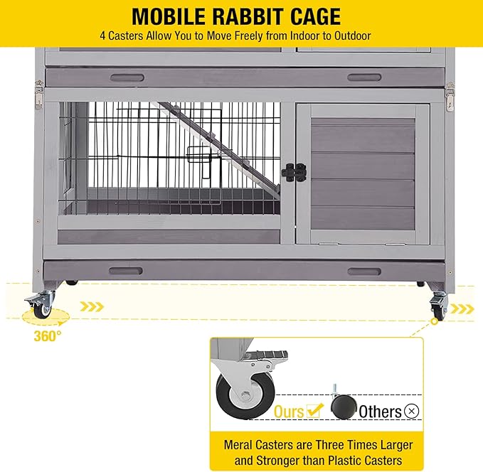 Aivituvin Large Rabbit Hutch Indoor and Outdoor Folding Bunny Cage on Wheels Guinea Pig Cage with Deep No Leak Pull Out Tray,Upgrade Version (Light Gray)-PurrikoPets