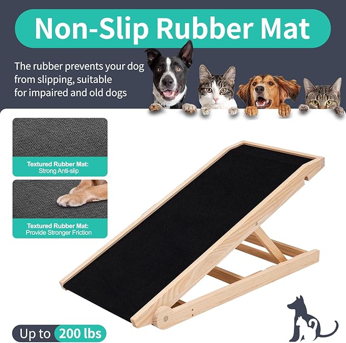 Dog Ramp, Adjustable Height Wooden Folding Pet Ramp for Bed, Couch,SUV-High Traction, Portable Paw Ramps for Small & Large Old Dogs & Cats - Furniture Quality-PurrikoPets