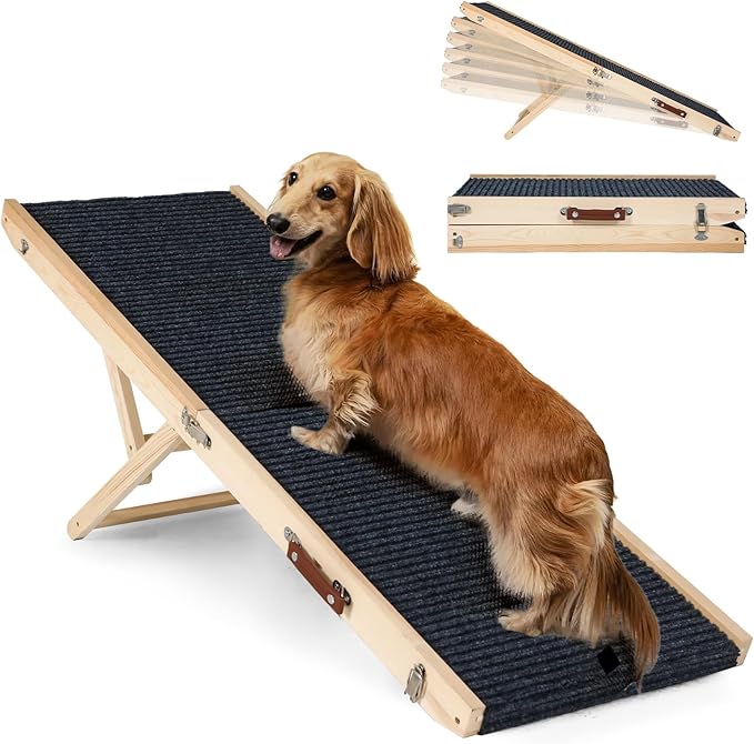 Folding Dog Ramp Safety, Wooden Adjustable Height Pet Ramps, Potable Dog Steps with Non-Slip Traction Mat, Dog Step for Bed, Dogs Stairs for SUV Car, Couch, Safe,Height Bed-PurrikoPets