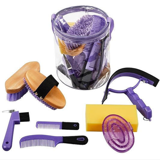 9 Pieces Horse Grooming Kit Tack Room Supplies Set with Organizer Tote Bag, Oval Massage Curry, Hard and Soft Brush, Hoof Pick, Sweat Scraper, Bathing Sponge, Combs for Horse Riders Beginners (Purple)-PurrikoPets