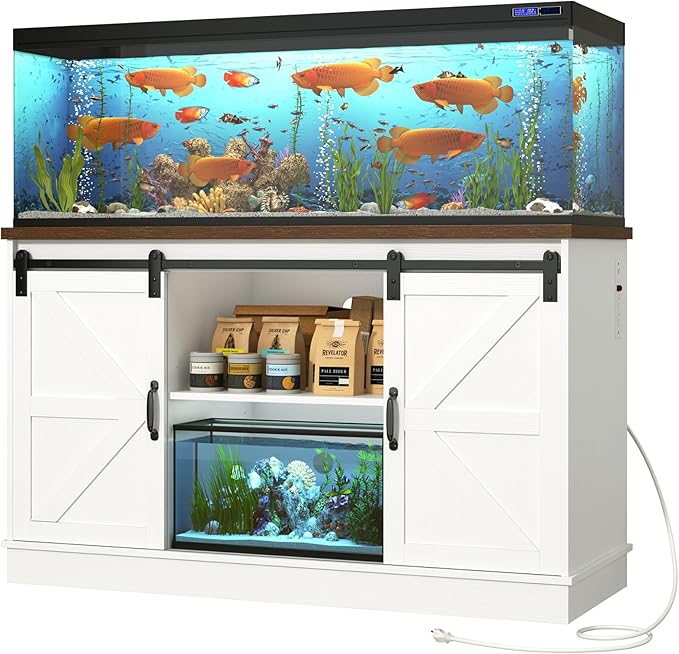 Farmhouse 55-75 Gallon Fish Tank Stand with Power Outlet, Aquarium Stand with Cabinet&Sliding Barn Door, Heavy Duty Reptile Tank Stand for 2 Fish Tank/Turtle Tank/Reptile Terrarium, White-PurrikoPets