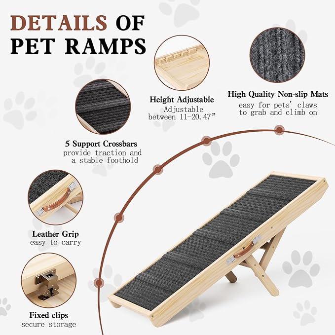 Dog Ramp for Couch, Wooden Pet Ramps 39.37" Long Adjustable 11"-20.47" Folding Puppy Ramps with High Traction Mat, Dog Stairs for Small & Medium Older Dogs & Cats, up to 150lbs-PurrikoPets