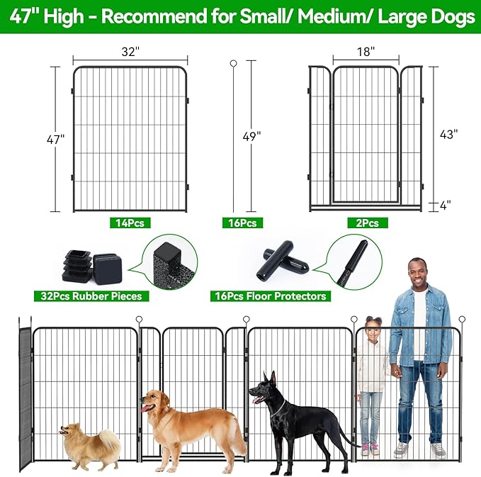 Dog Playpen Outdoor Extra Wide 16 Panels Heavy Duty Dog Fence 47" Height Anti-Rust with Doors Portable for RV Camping Yard, Total 42FT, 140 Sq.ft, Snowy Black-PurrikoPets