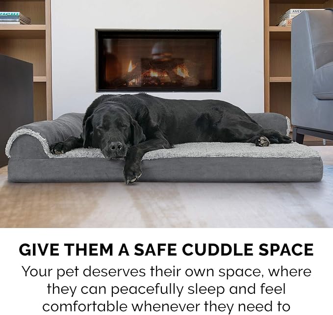 Furhaven Cooling Gel Dog Bed for Large/Medium Dogs w/ Removable Bolsters & Washable Cover, For Dogs Up to 55 lbs - Two-Tone Plush Faux Fur & Suede L Shaped Chaise - Stone Gray, Large-PurrikoPets