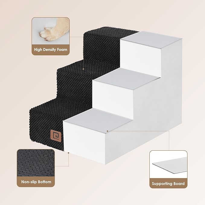 EHEYCIGA Dog Stairs for Small Dogs 13.5" H, 3-Step Dog Steps for Couch Sofa and Chair, Pet Steps for Medium Cats, Non-Slip Balanced Pet Ramp Indoor, Black-PurrikoPets