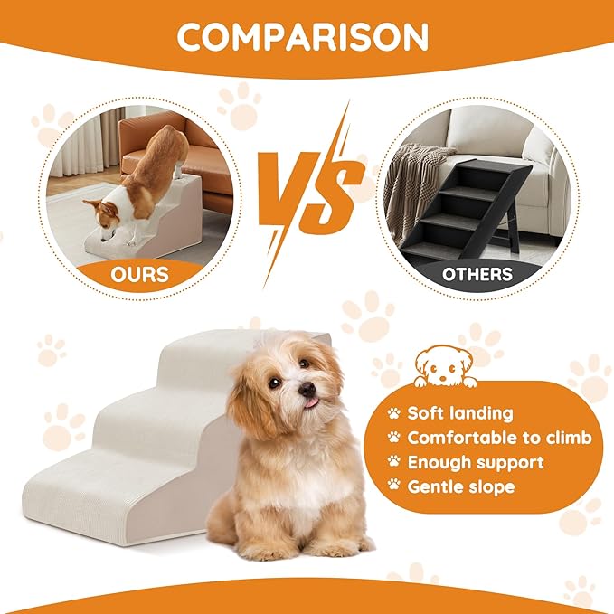 Dogs Steps for Bed, Dog Stairs for Small Dogs, 4-Step Dog Ramp for Bed, Couch, Sofa, and Chairs, Non-Slip Bottom Design, Cat Scratching, High Density Foam Portable Pet Step, Indoor, Beige-PurrikoPets