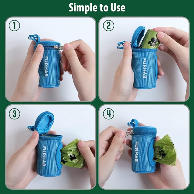 Dog Poop Bag Holder for Leash Doggie Waste Bag Dispenser Soft Fabric Puppy Potty Carrier Small Doggy Zipper Pouch with Carabiner Clip 1680D Nylon Oxford with 1 Roll of Pet Trash Bags, Sky Blue-PurrikoPets