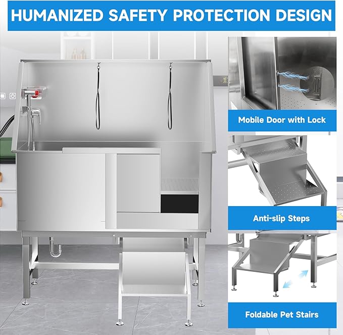 Dog Washing Station 50" Dog Grooming Tub with Right Stair& Faucet, Stainless Steel Dog Bathing Station for Home,Dog Bathtub for Large,Medium,Small Pets-PurrikoPets