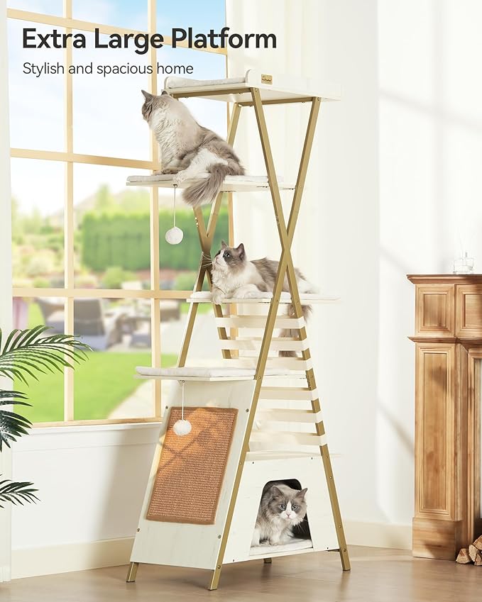 FourFurPets 72.4" Cat Tree, Modern Cat Tower for Indoor Cats, Multi-Level Cat Condo with Caves, Tall Cat Tree with Cat Scratching Board, Wooden Cat Tower with Large Perch, Removable Pads, White-PurrikoPets