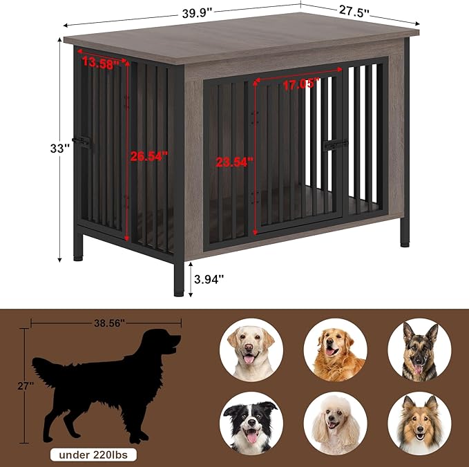 EasyCom 39.96" XL Wooden Large Dog Crate Furniture for Medium and Large Breed, Chew-Resistant Dog Kennel Furniture Indoor with 2 Doors and 3.94" Raised Feet, as TV Stand, End Table, Crate Table-PurrikoPets
