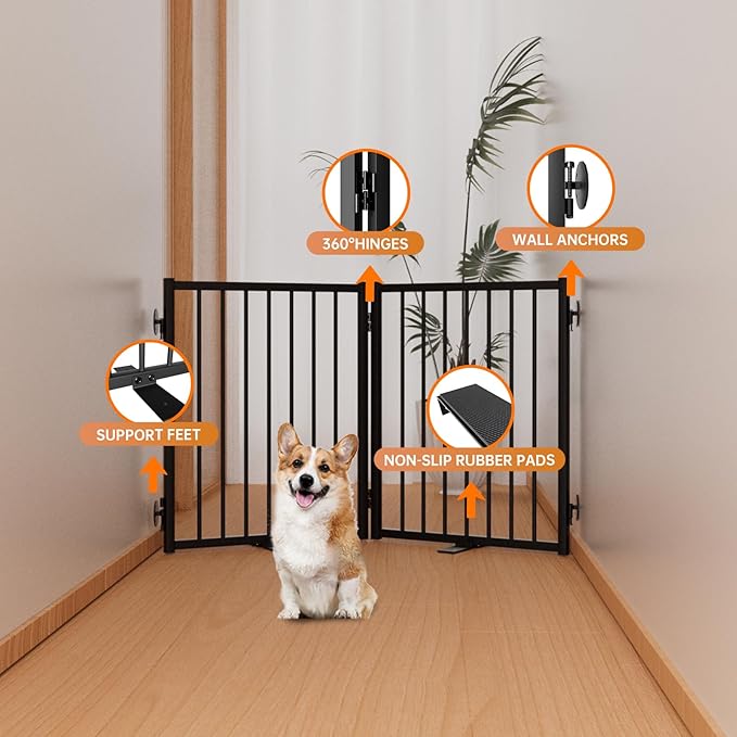 Full Metal Freestanding Dog Gate with Door, 24'' Height Foldable Pet Dog Fence for Indoor & Outdoor, 2 Panels Extra Wide Free Standing SmallDog Gates for Doorways,House,Stairs,Porch,Deck,Yard-PurrikoPets
