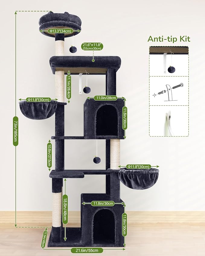 Globlazer Heavy Duty Cat Tree Tower, 73in Tall Cat Tree for Indoor Cats Large Adult, Cat Condo for Large Cats with 5 Scratching Posts, 2 Cat Caves, 2 Padded Perches, 2 Hanging Baskets, F73, Dark Gray-PurrikoPets