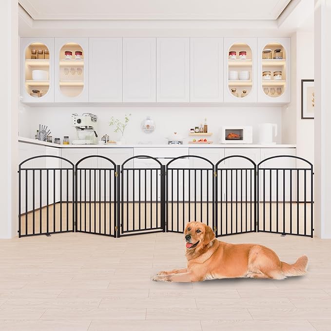 6 Panles Full Matel Freestanding Dog Gates with Door, 144"Extra Wide 32"Tall Free Standing Dog Pet Gate for Indoor & Outdoor. Foldable Pet Fences for Doorways, House, Stairs, Porch, Deck, Yard-PurrikoPets