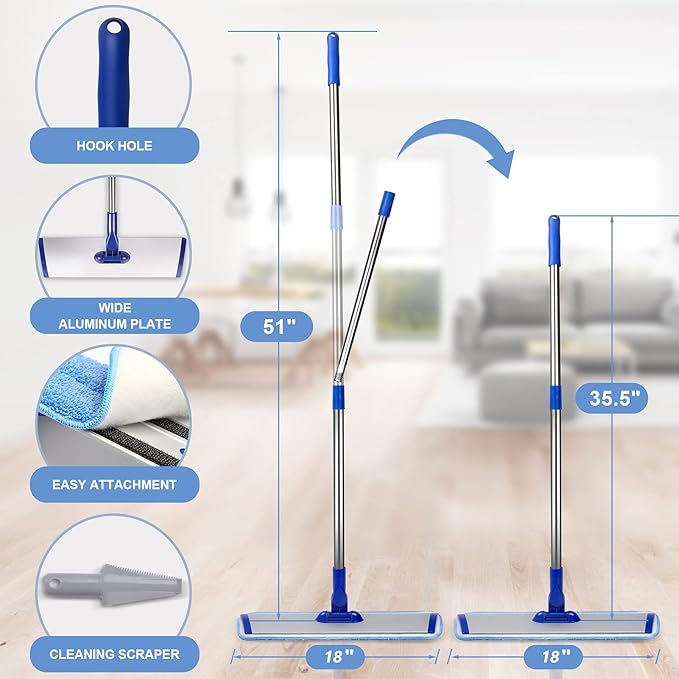 18" Professional Microfiber Mop Floor Cleaning System, Flat Mop with Stainless Steel Handle, 4 Reusable Washable Mop Pads, Wet and Dust Mopping for Hardwood, Vinyl, Laminate, Tile Cleaning-PurrikoPets
