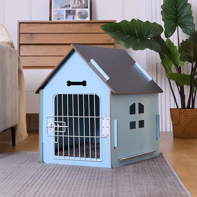 Dog House Indoor for Small Dogs or Cats, Cozy Wooden Design, Small Indoor Bed House, with Air Vents and Elevated Floor Warm Dog Cave (Large Blue)-PurrikoPets