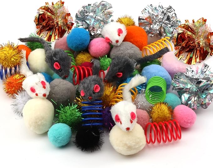 60 Pack Cat Toys - Assorted Kitten, Mouse, Crinkle & Pom Pom Balls-PurrikoPets